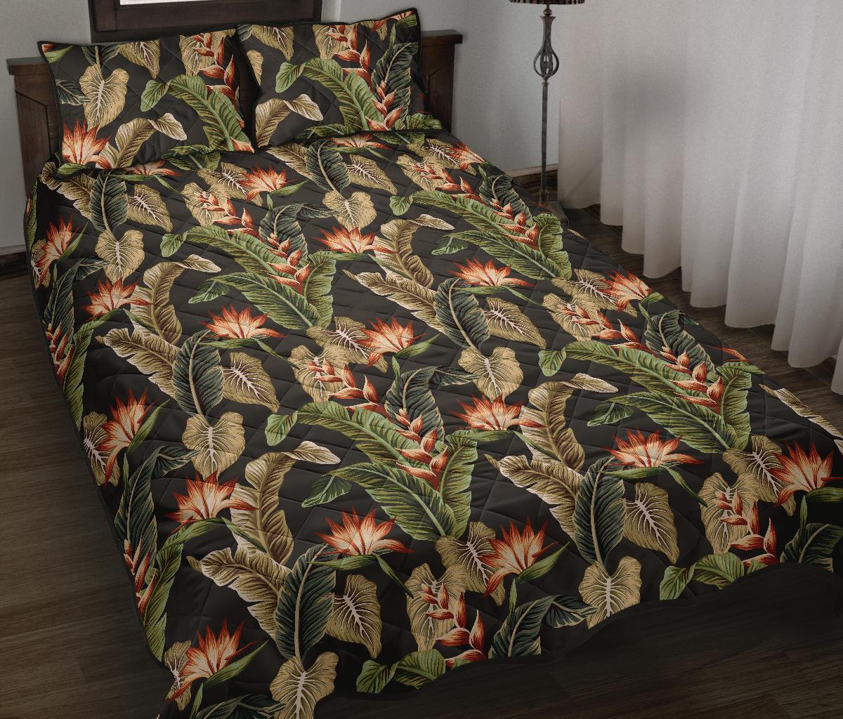 Hawaii Quilt Bed Set Tropical Floral Vintage Strelitzia Flower Banana Leaves AH