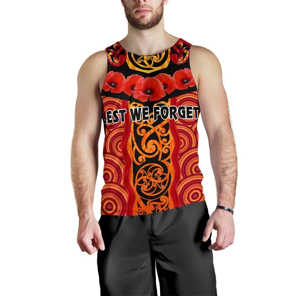 Anzac Lest We Forget Poppy Men Tank Top New Zealand Maori Silver Fern Australia Aboriginal