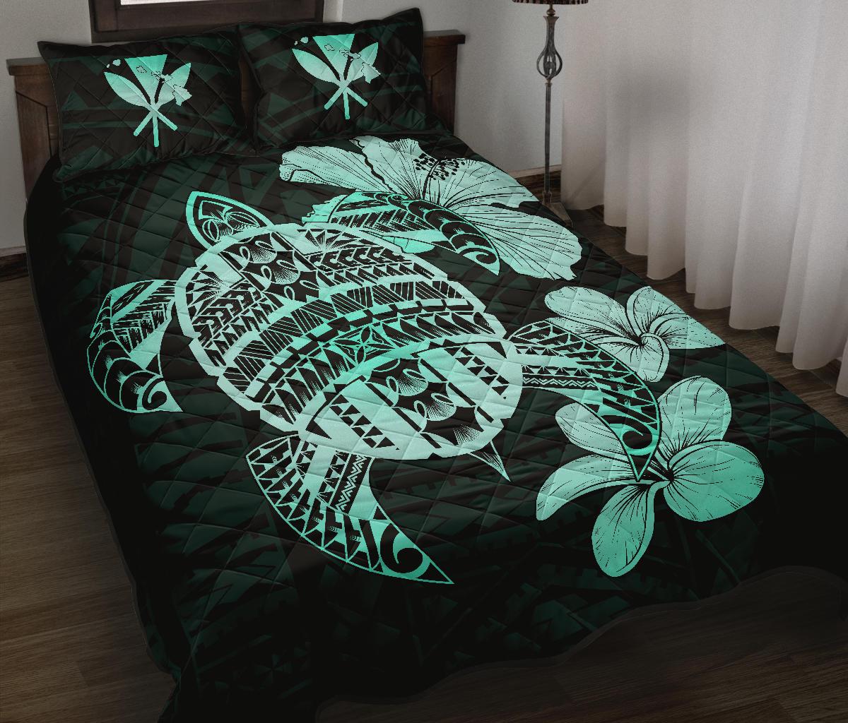 Hawaiian Kanaka Hibiscus Plumeria Mix Polynesian Turtle Quilt Bed Set Turquoise AH