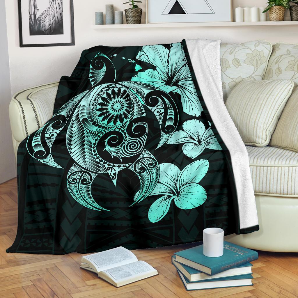 Hibiscus Plumeria Mix Polynesian Turquoise Turtle Premium Blanket