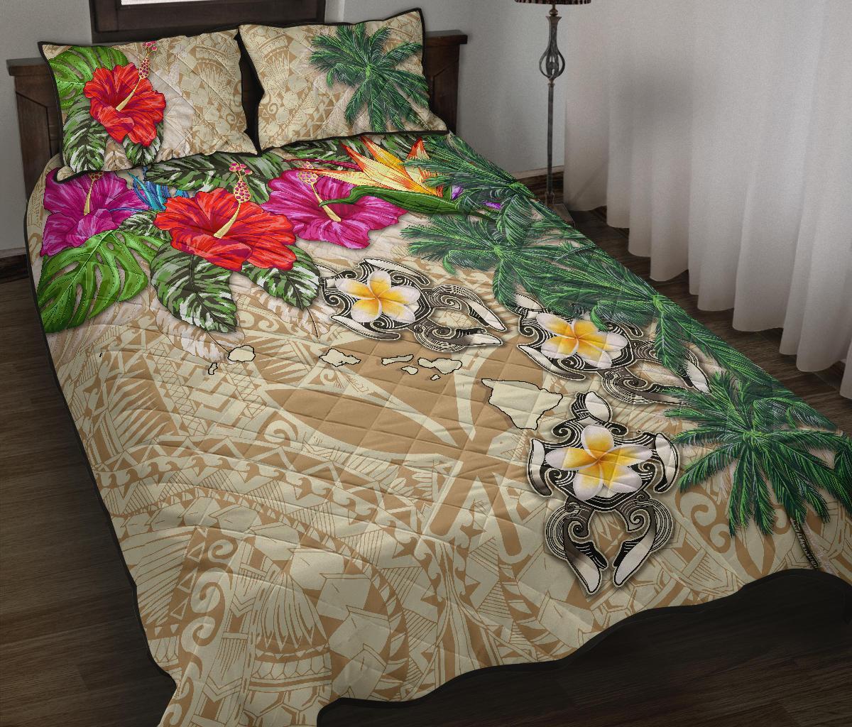 Kanaka Maoli (Hawaiian) Polynesian Quilt Bed Set Hibiscus Turtle Tattoo Beige