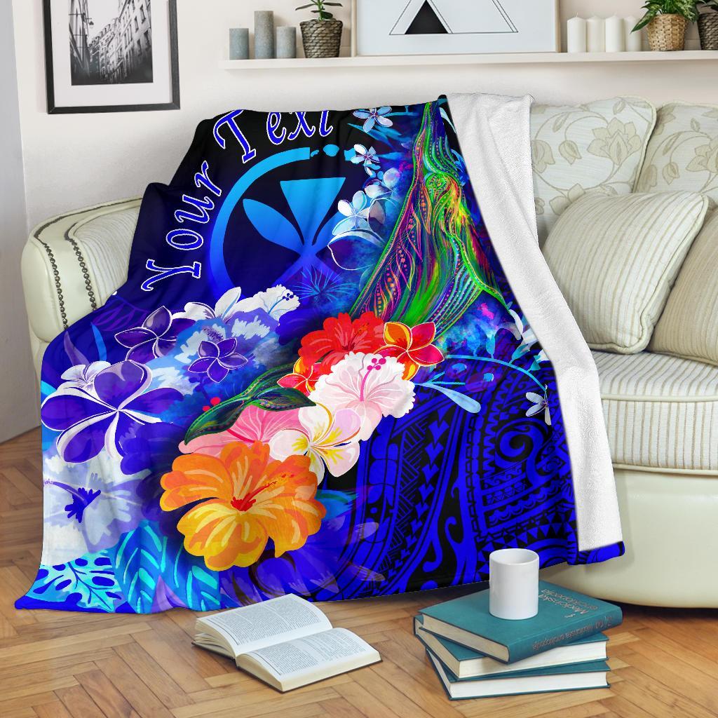 Polynesian Hawaii Custom Personalised Premium Blanket Kanaka Maoli Humpback Whale with Tropical Flowers Blue