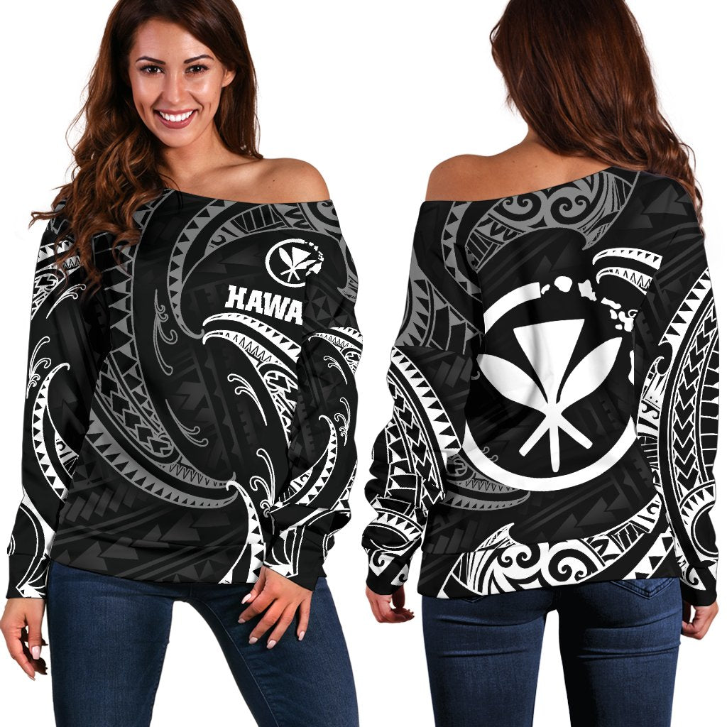 Hawaii Polynesian Women's Off Shoulder Sweater White Tribal Wave