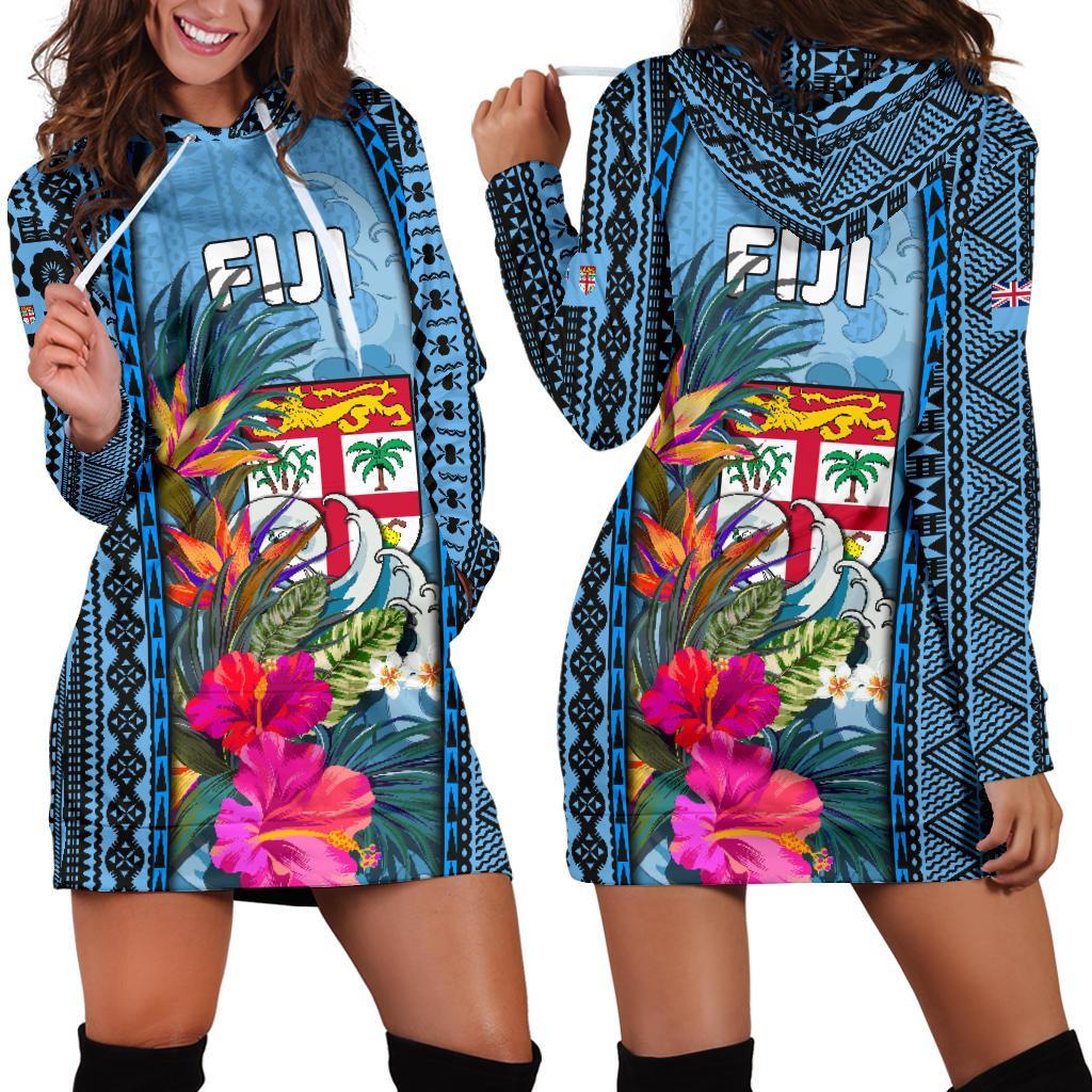 Fiji Women'S Hoodie Dress Coat Of Arms Polynesian With Hibiscus And Waves