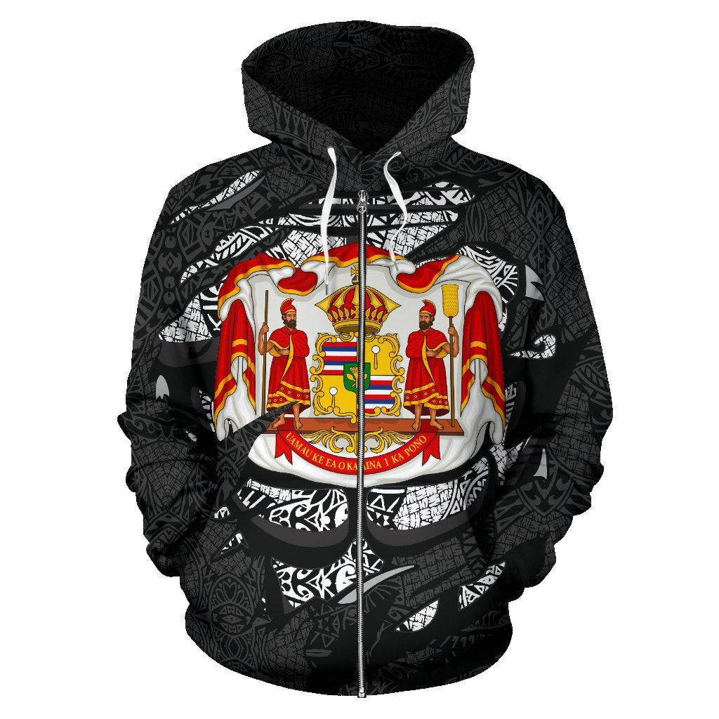 Polynesian Kanaka Maoli Royal Coat Of Arms Hawaii Zip Hoodie Gray