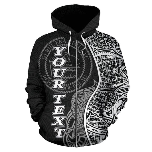 Custom Text Palau Polynesian Custom Personalised Zip Up Hoodie Coconut Black