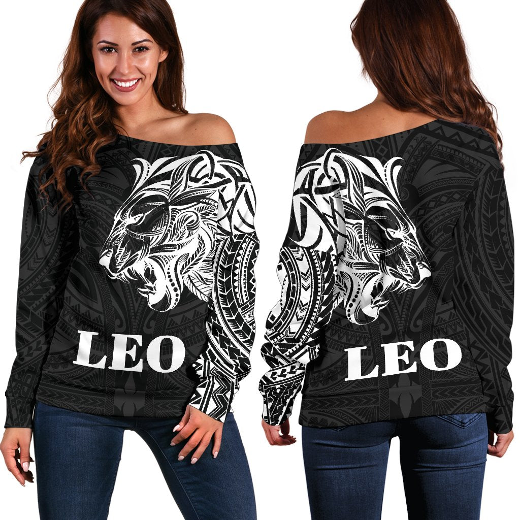 Sun In Leo Zodiac Women Off Shoulder Sweater Polynesian Tattoo Simple White