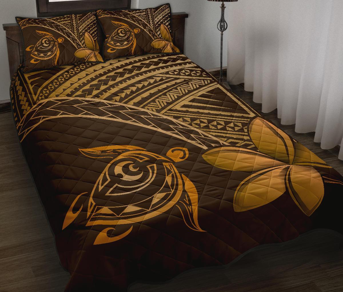 Hawaiian Turtle Plumeria Kakau Polynesian Quilt Bed Set Brown