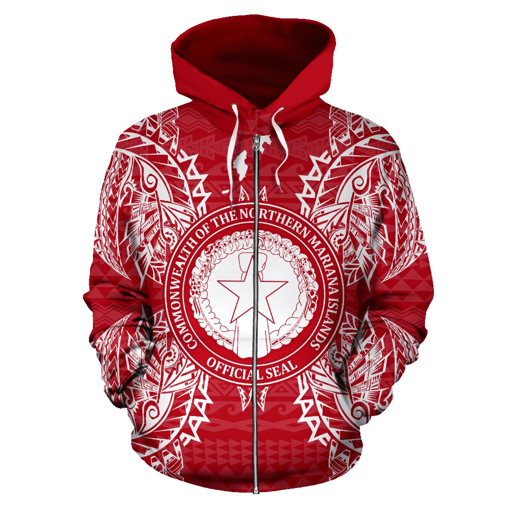 Northern Mariana Islands Polynesian All Over Zip Up Hoodie Map Red White