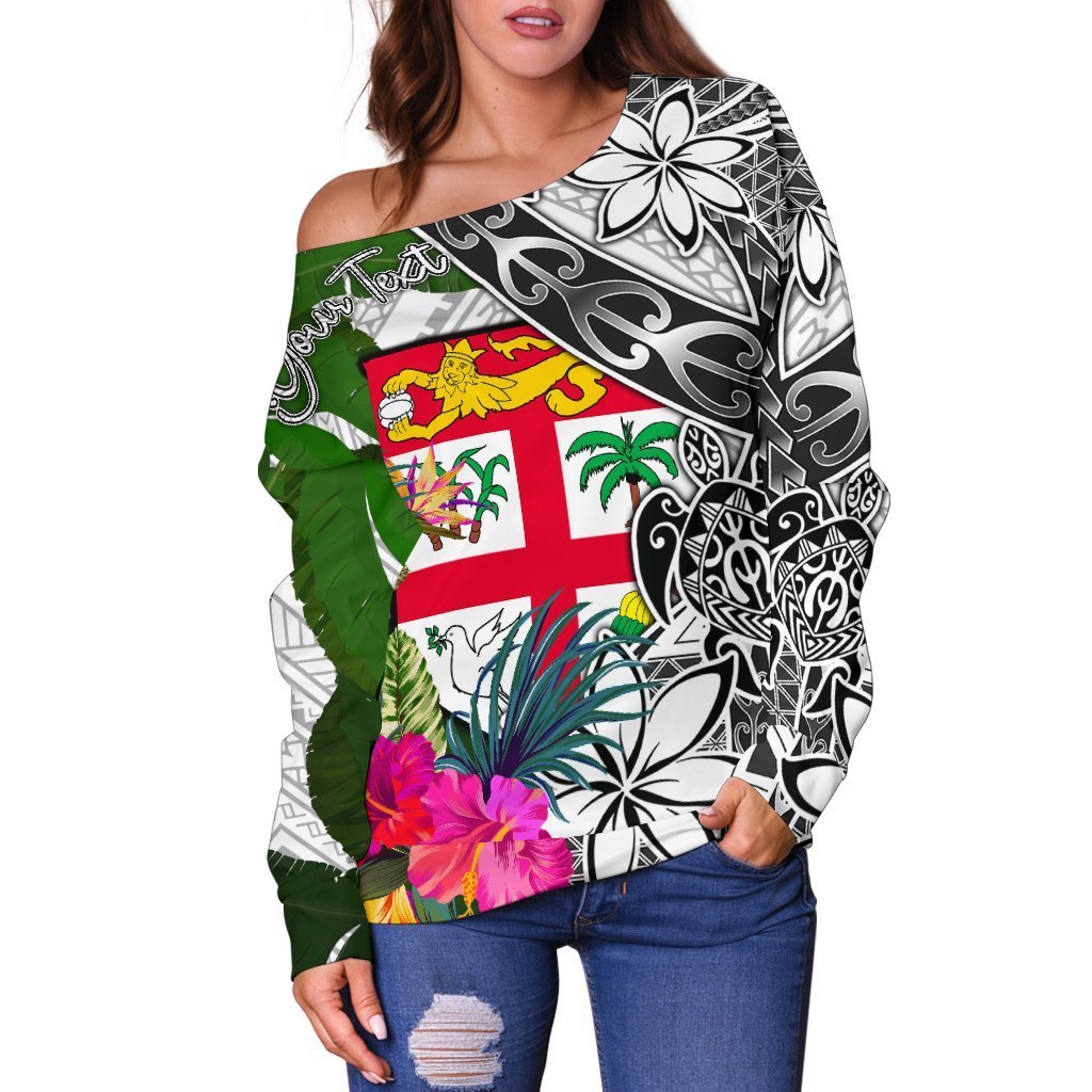 Fiji Custom Personalised Women's Off Shoulder Sweater White Turtle Plumeria Banana Leaf