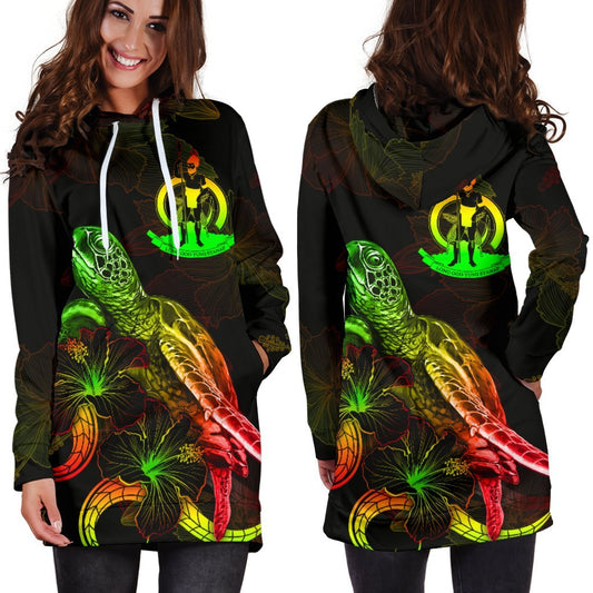 Vanuatu Polynesian Hoodie Dress Turtle With Blooming Hibiscus Reggae