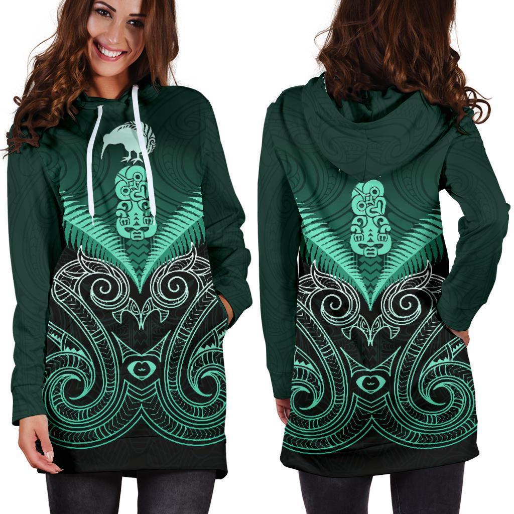 Maori Manaia New Zealand Hoodie Dress Turquoise