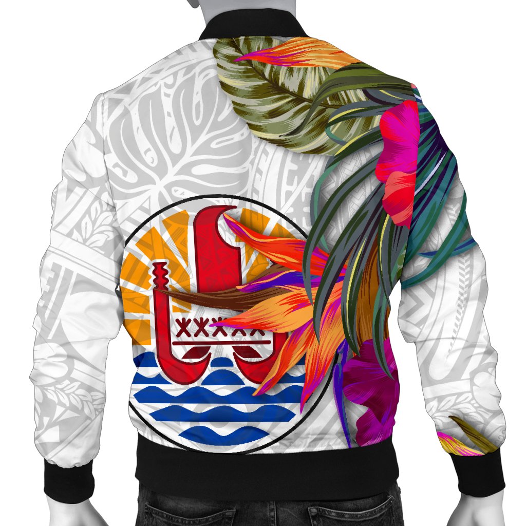 Tahiti Men's Bomber Jacket Polynesian Hibiscus White Pattern