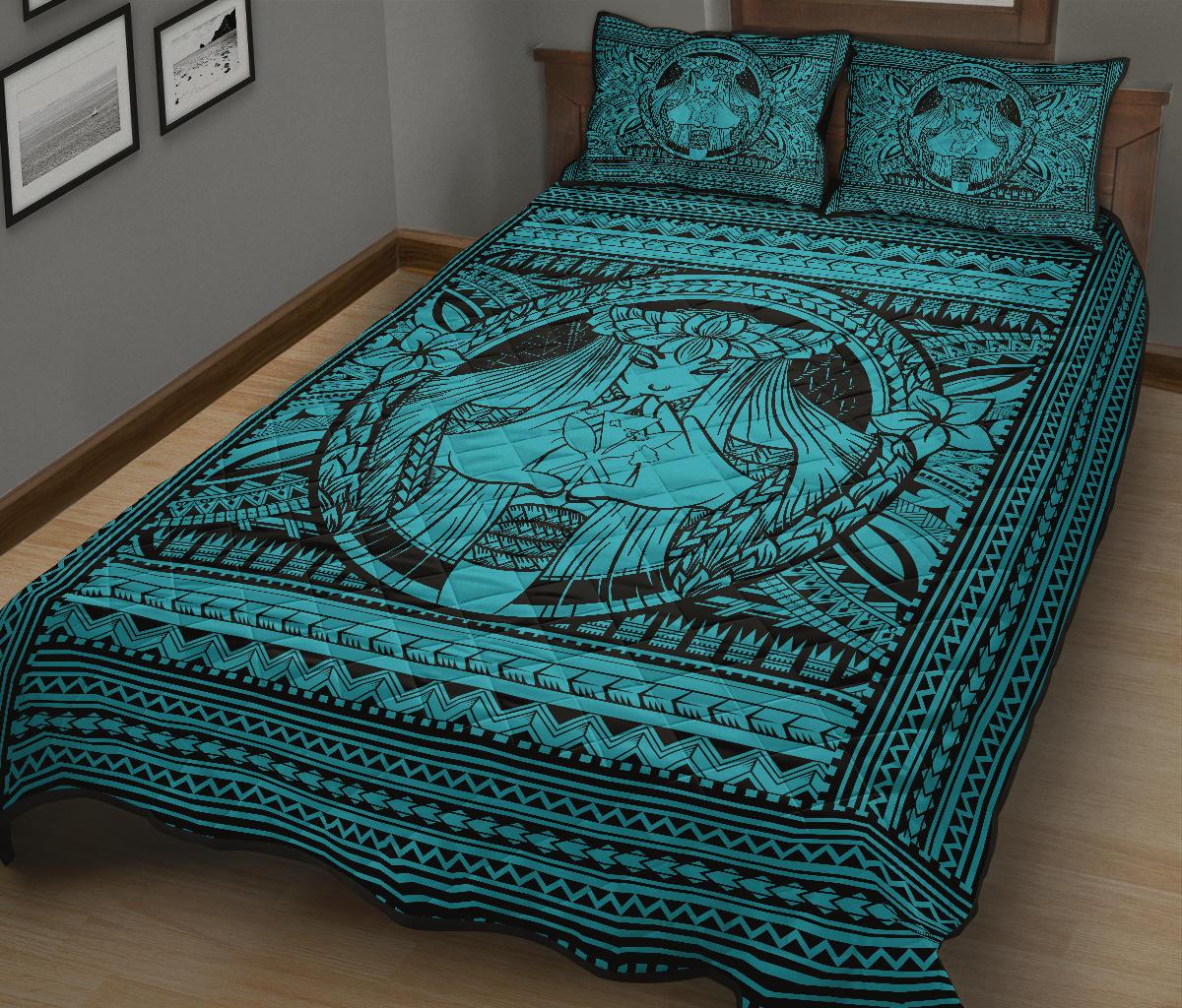 Hawaii Polynesian Pele Kanaka Quilt Bed Set Blue