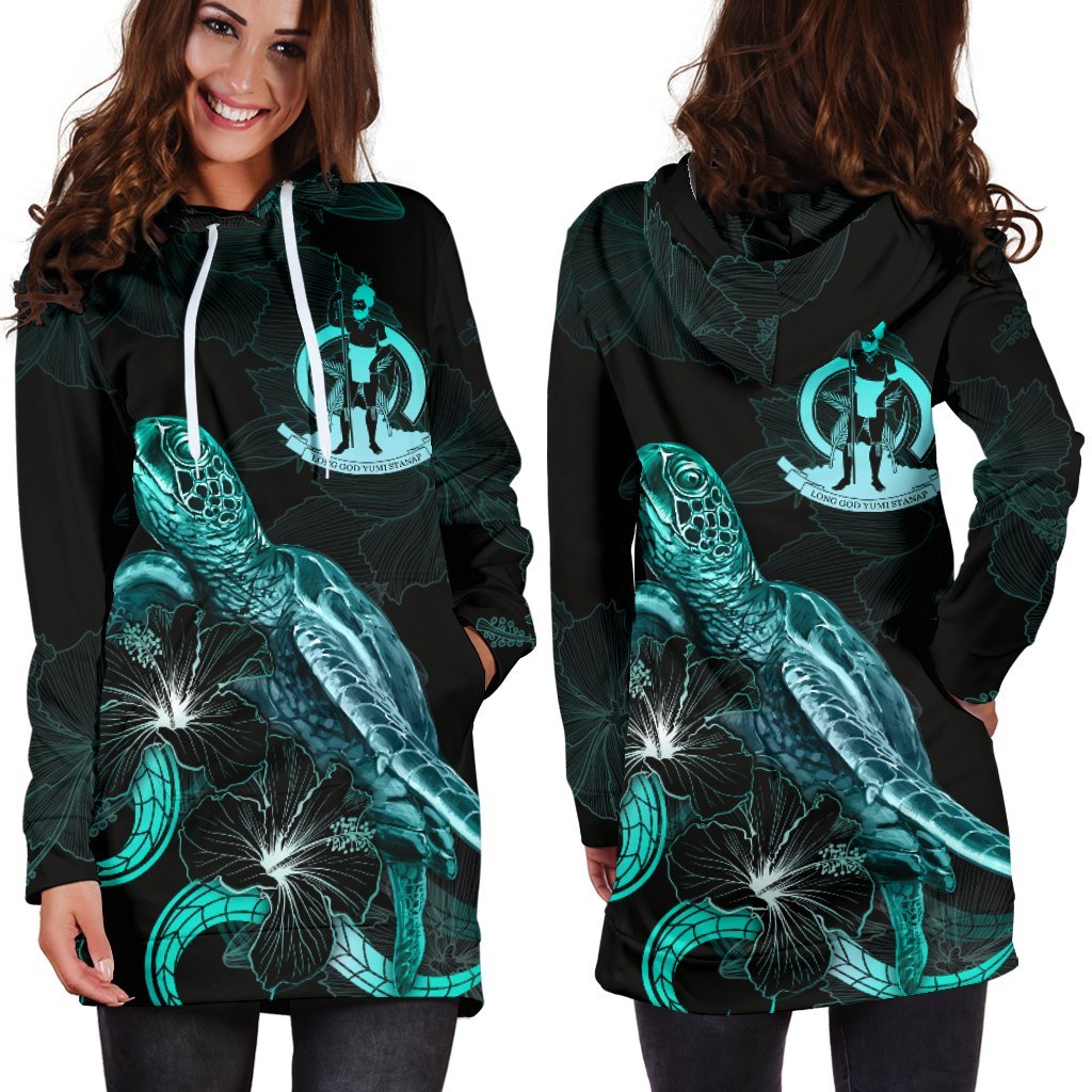 Vanuatu Polynesian Hoodie Dress Turtle With Blooming Hibiscus Turquoise