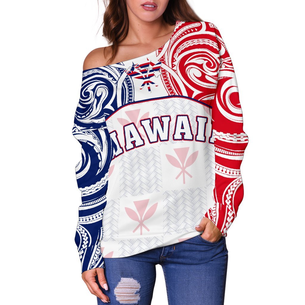 Hawaiian Kanaka Women's Off Shoulder Sweater Flag Nation Demodern White AH