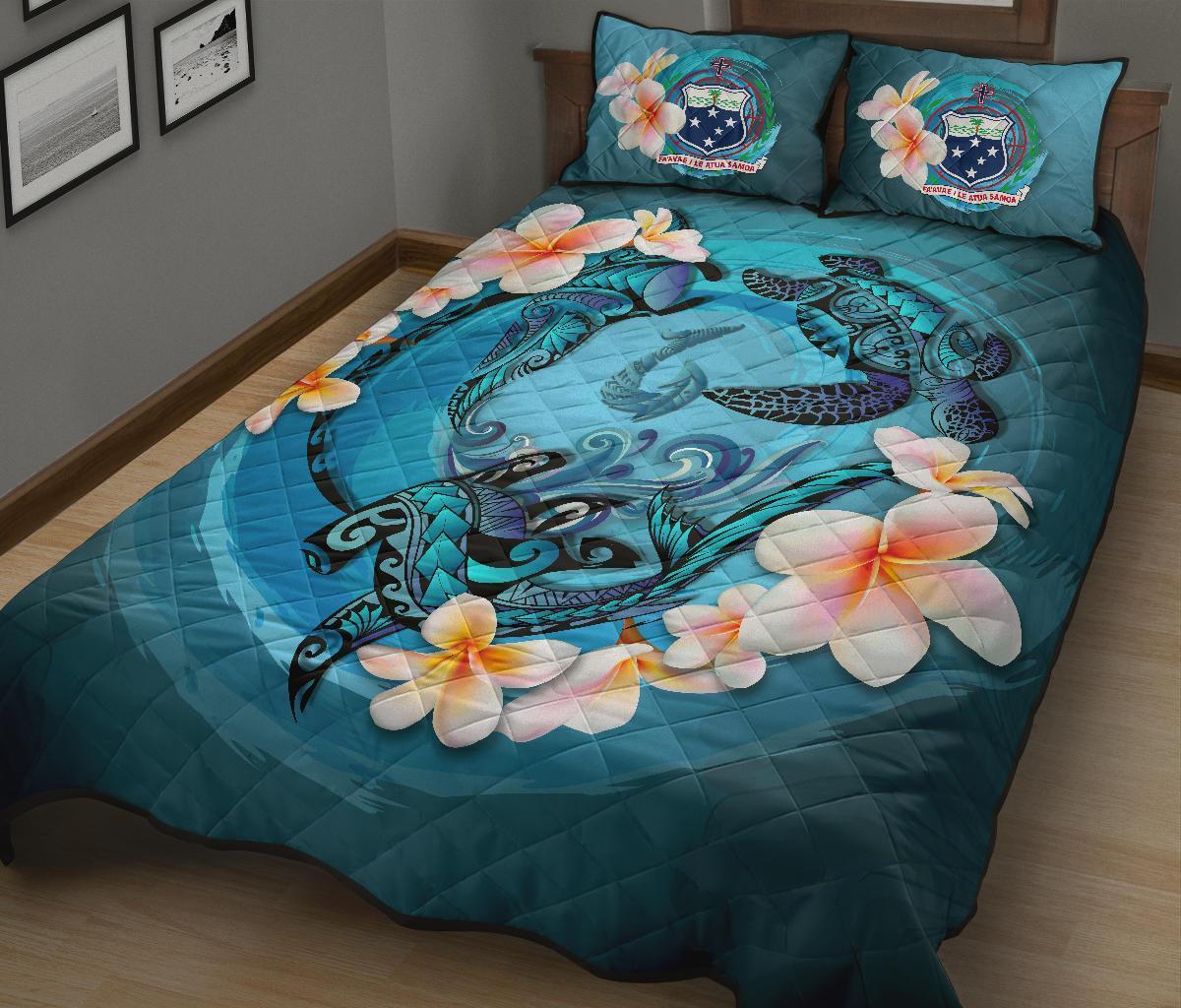 Samoa Polynesian Quilt Bed Set Blue Plumeria Animal Tattoo