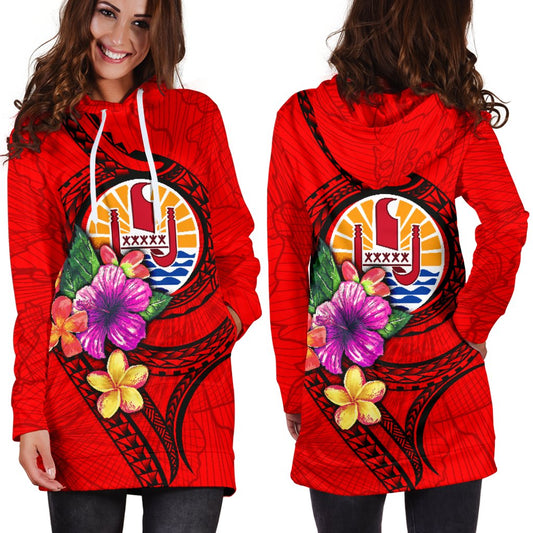 Tahiti Polynesian Women's Hoodie Dress Floral With Seal Red