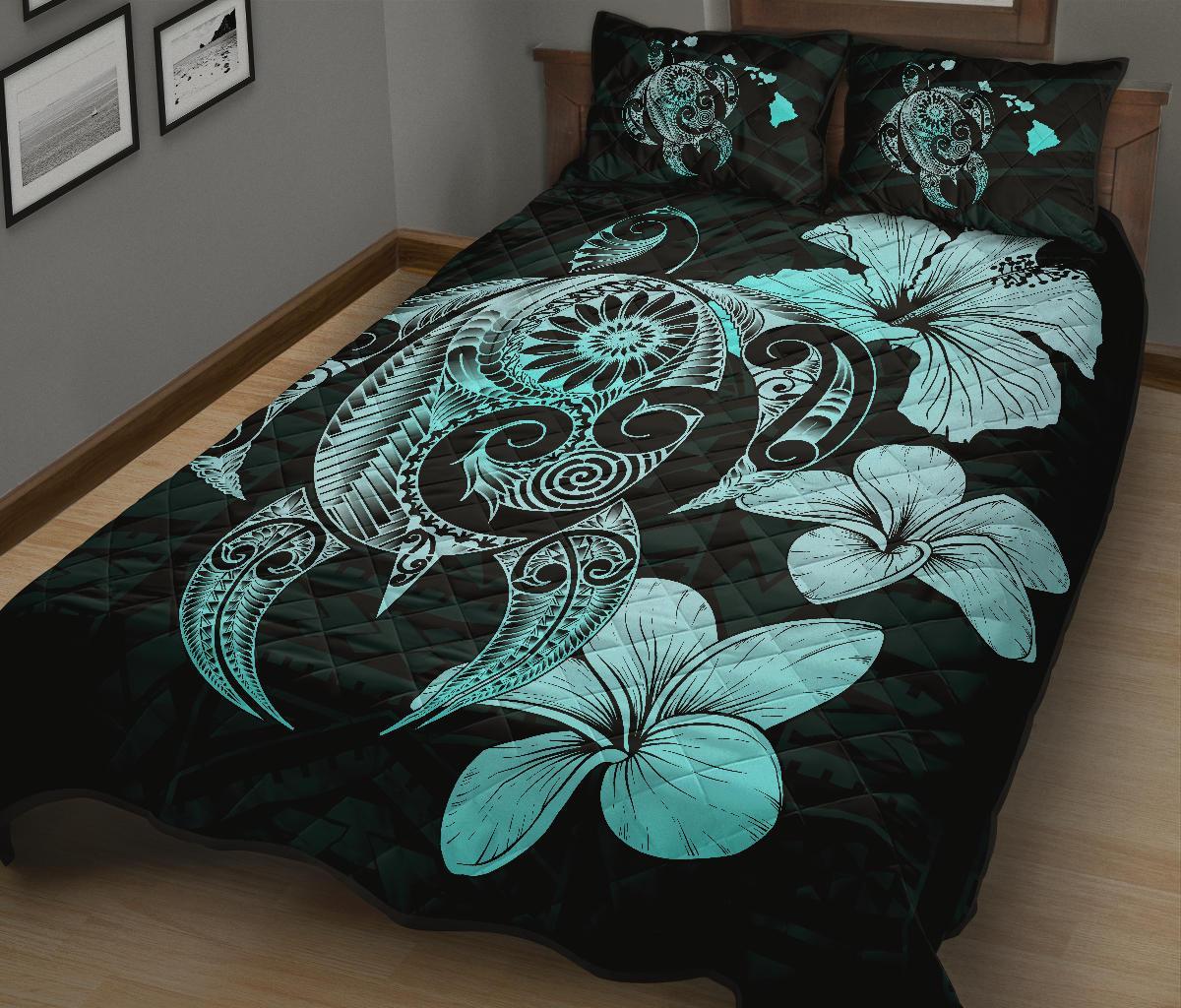 Hibiscus Plumeria Mix Polynesian Turquoise Turtle Quilt Bed Set