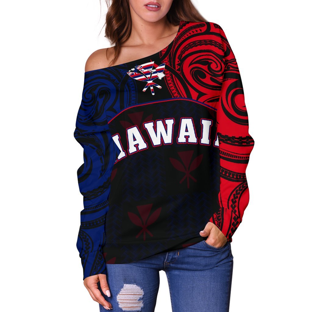 Hawaiian Kanaka Women's Off Shoulder Sweater Flag Nation Black Demodern AH