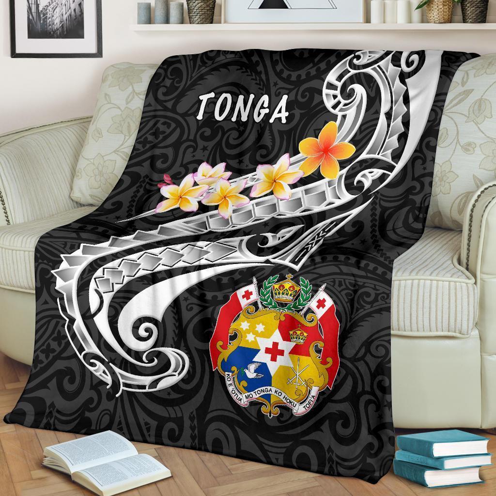 Tonga Premium Blanket Tonga Seal Polynesian Patterns Plumeria Black