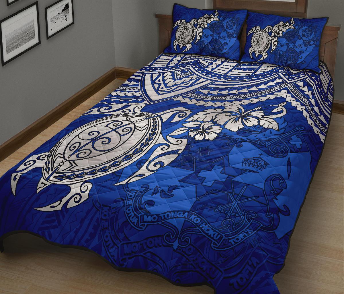 Tonga Polynesian Quilt Bed Set Tonga Coat Of Arms & Blue Turtle Hibiscus