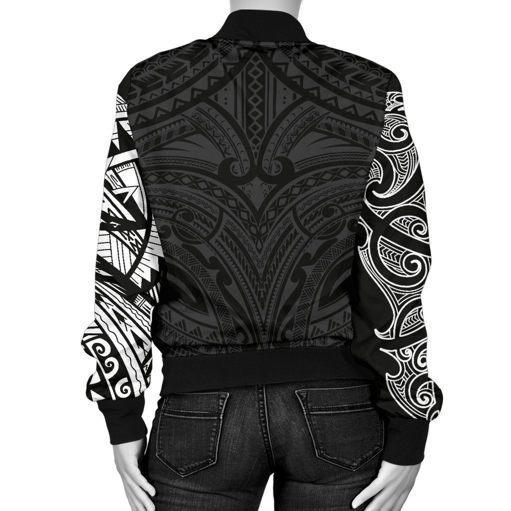 New Zealand Women's Bomber Jacket, Maori Polynesian Tattoo White