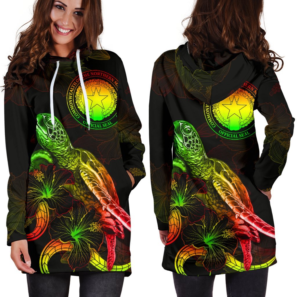 CNMI Polynesian Hoodie Dress Turtle With Blooming Hibiscus Reggae
