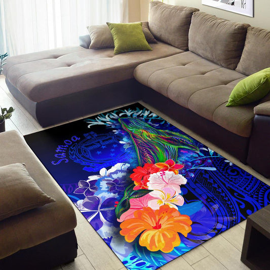 Samoa Area Rug Humpback Whale with Tropical Flowers (Blue)