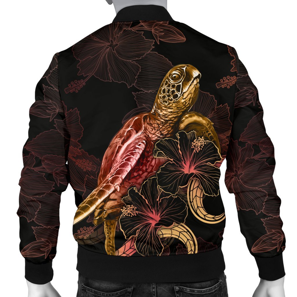 Guam Polynesian Men's Bomber Jacket Turtle With Blooming Hibiscus Gold