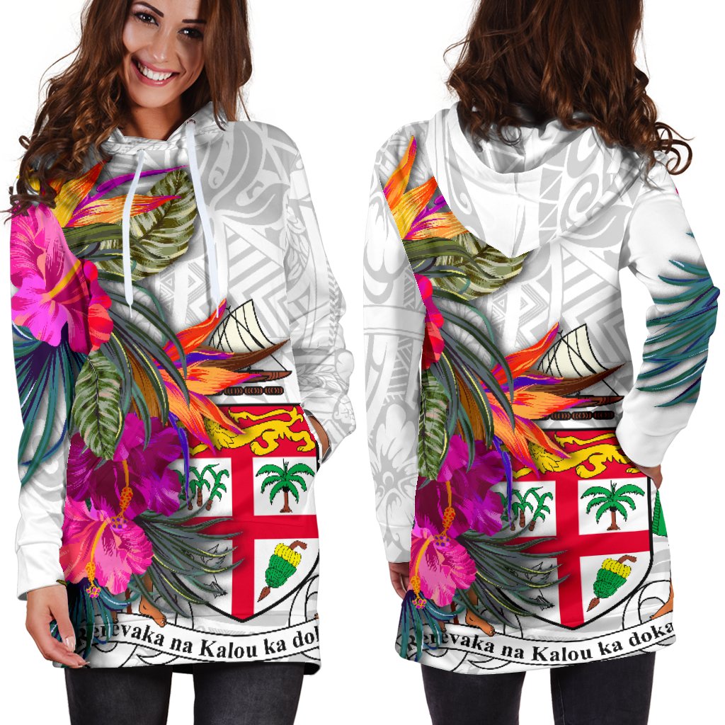 Fiji Polynesian Women's Hoodie Dress Hibiscus White Pattern