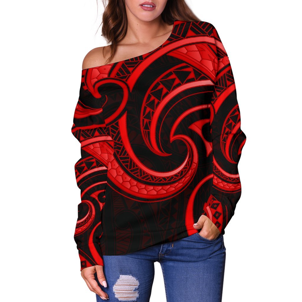 New Zealand Maori Mangopare Women Off Shoulder Sweater Polynesian Red
