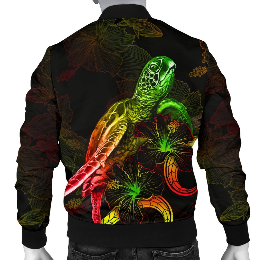 Guam Polynesian Men's Bomber Jacket Turtle With Blooming Hibiscus Reggae