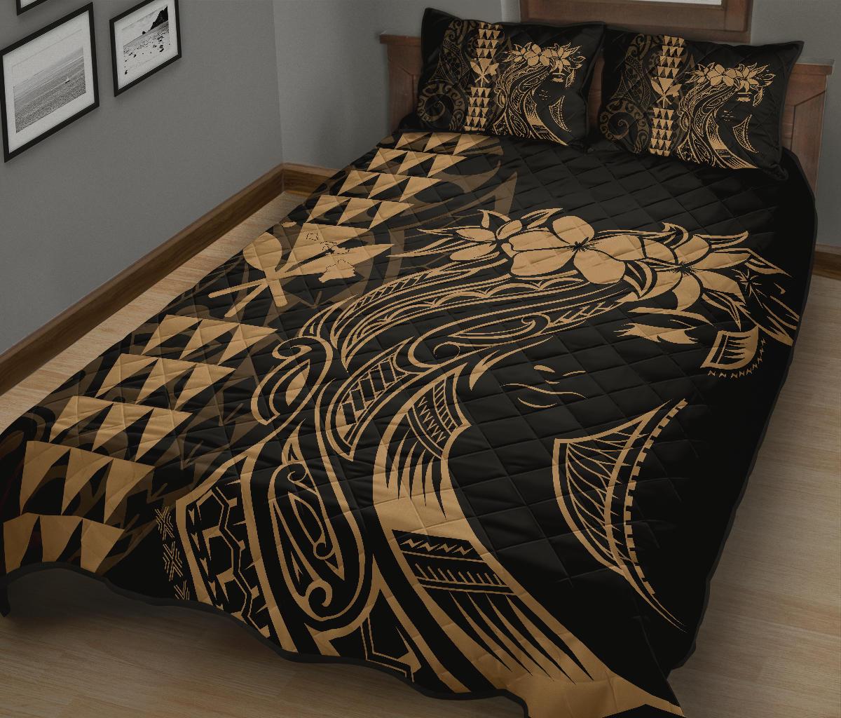 Hawaii Map Kanaka Polynesian Hula Girl Quilt Bed Set Gold
