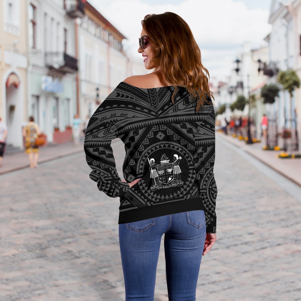 Fiji Personalised Women's Off Shoulfer s Fiji Seal With Polynesian Tattoo Style ( Black)