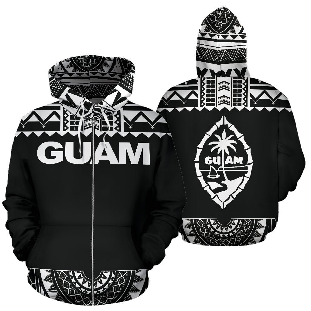 Guam All Over Zip Up Hoodie Polynesian Black And White