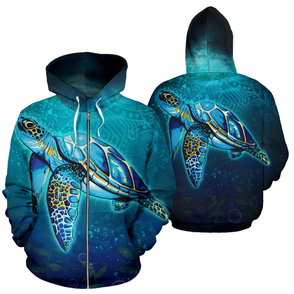 Hawaii All Over Zip Up Hoodie Turtle Under Sea