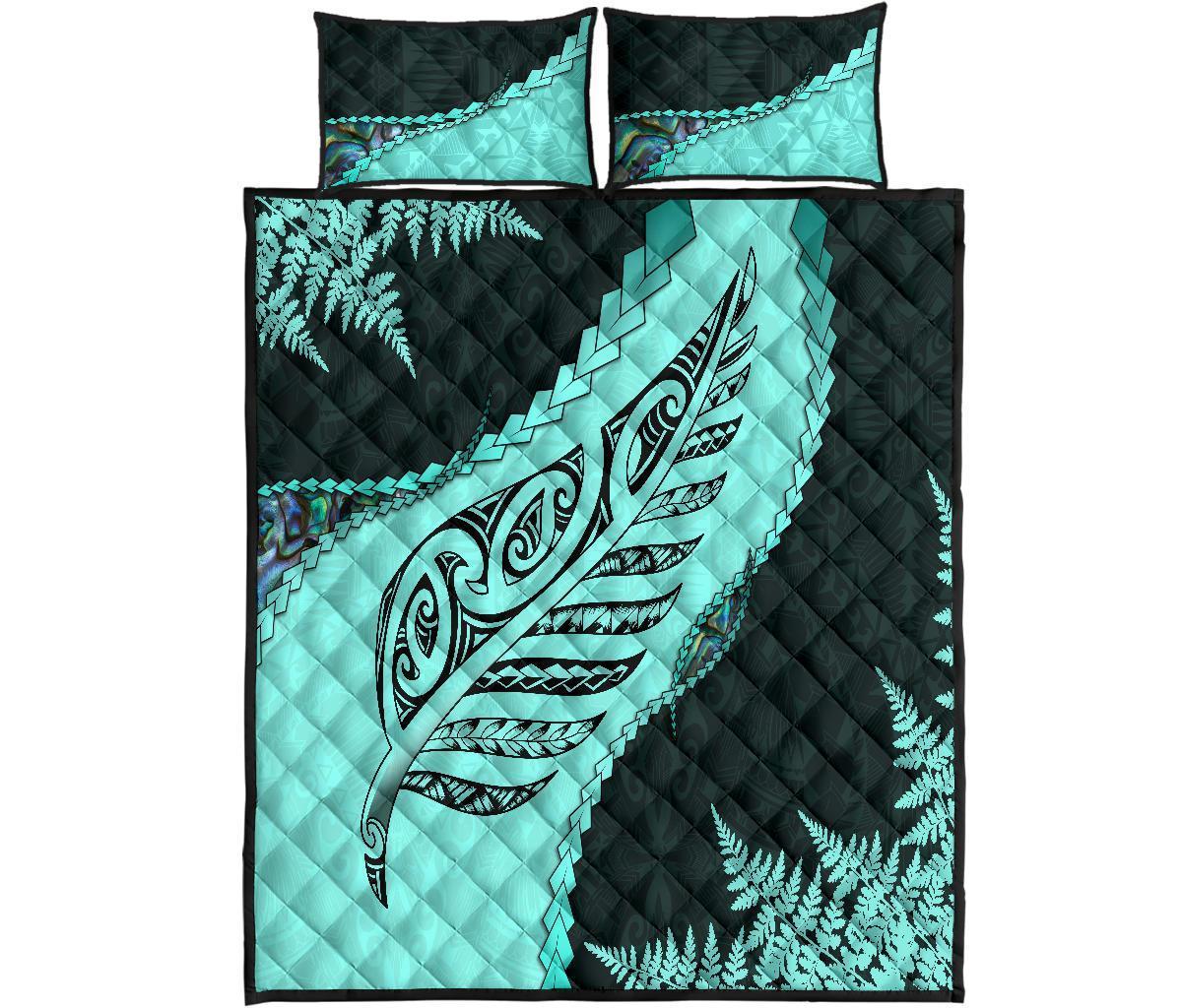 Paua Shell Maori Silver Fern Quilt Bed Set, Turquoise