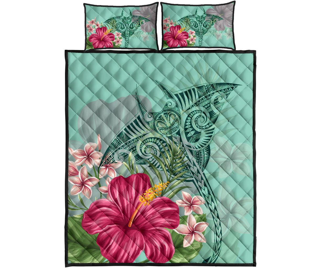 Hawaii Manta Ray Tropical Hibiscus Plumeria Quilt Bed Set