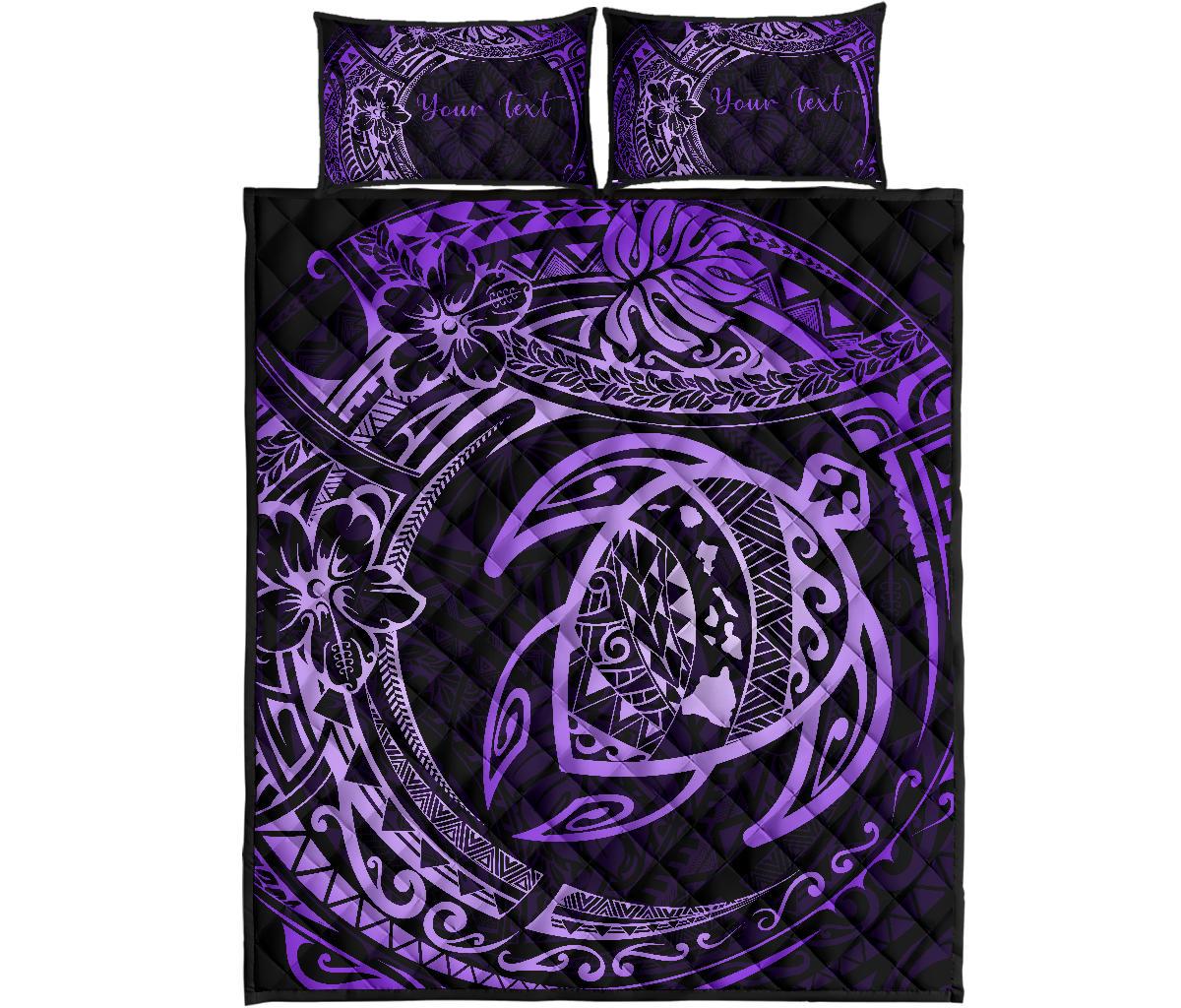 Personalized Hawaii Map Turtles Hibiscus Quilt Bed Set Purple