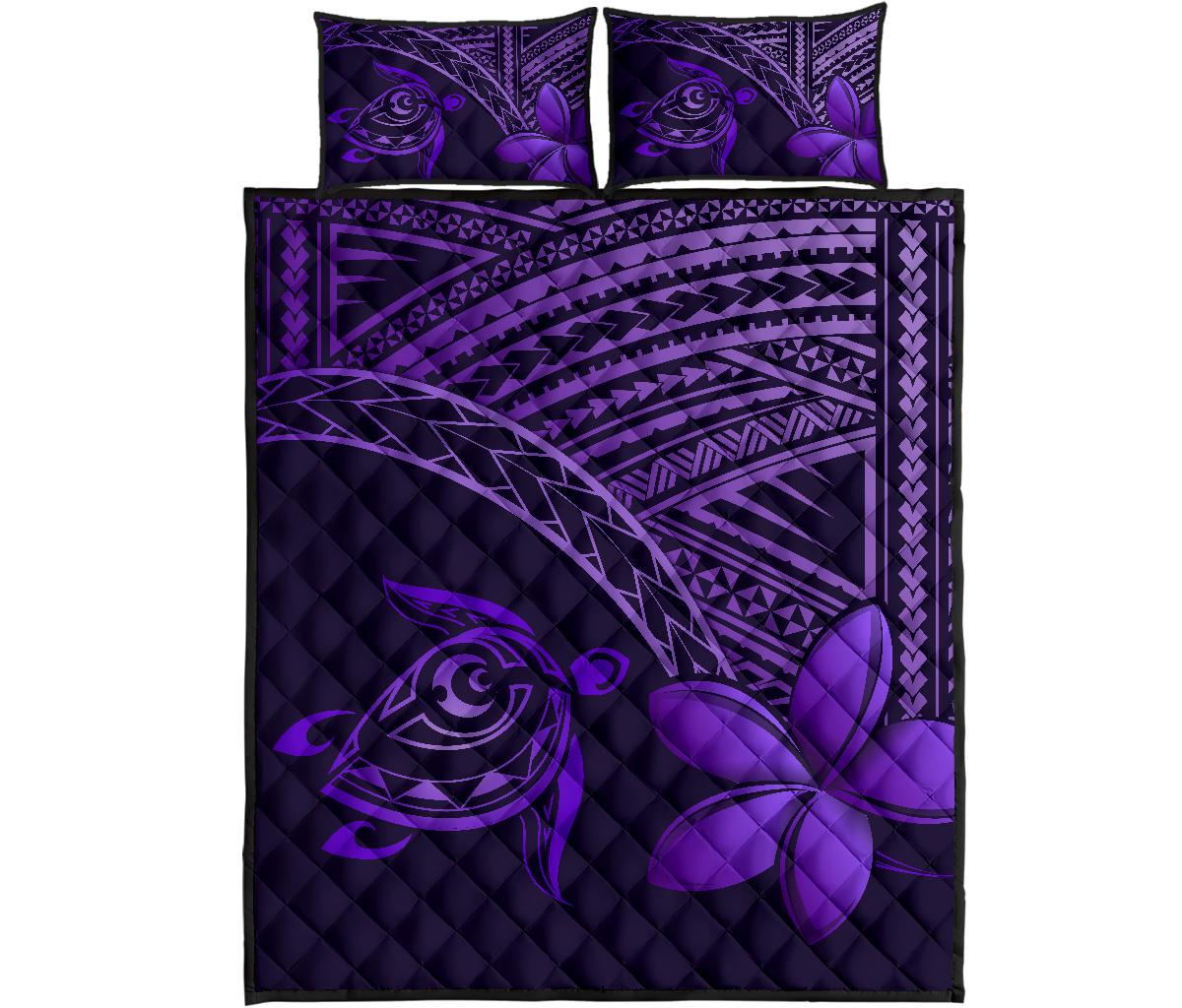 Hawaiian Turtle Plumeria Kakau Polynesian Quilt Bedding Set Purple
