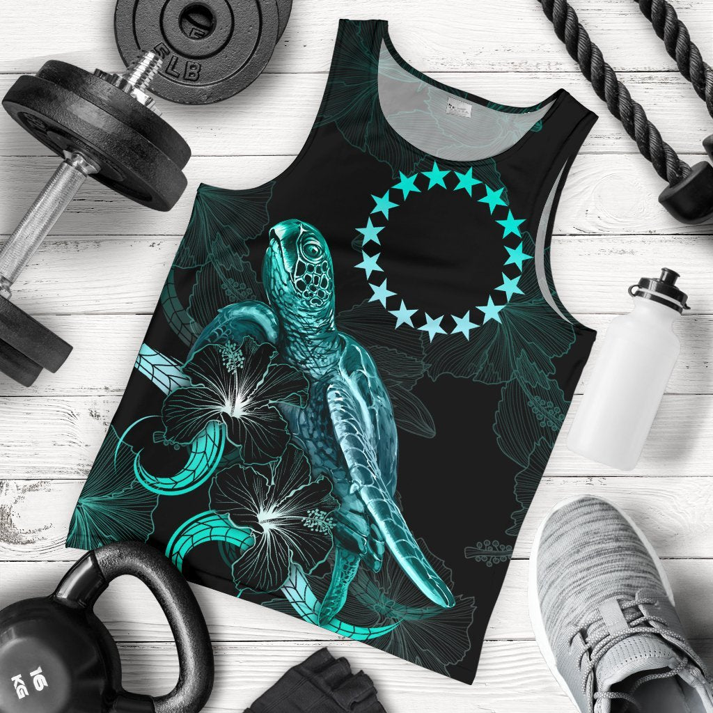 Cook Islands Polynesian Men Tank Top Turtle With Blooming Hibiscus Tuquoise