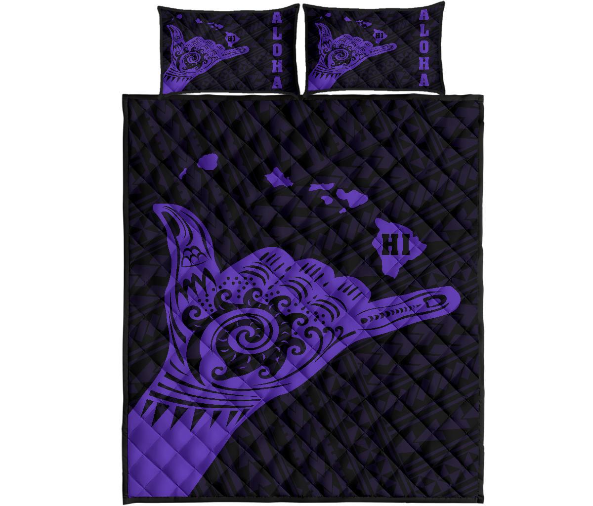 Hawaii Shaka Map Polynesian Quilt Bed Set Purple
