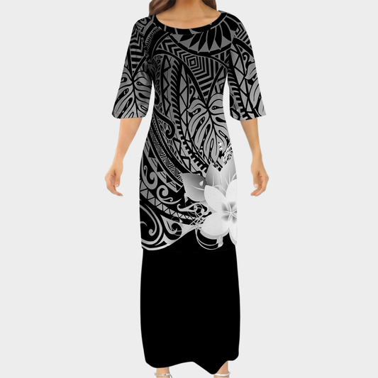Polynesian Printed Flower Pattern Couple Outfit Polynesian Black Women's Puletasi Dress Men's Shirt Polynesian Matching Outfit