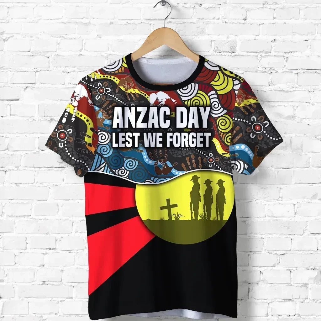 Custom Personalised Australian Anzac Day T Shirt Aboriginal Sun Style