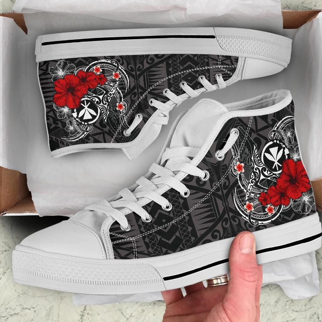 Polynesian Hawaii Kanaka Maoli High Top Shoe Humpback Whale With Hibiscus White