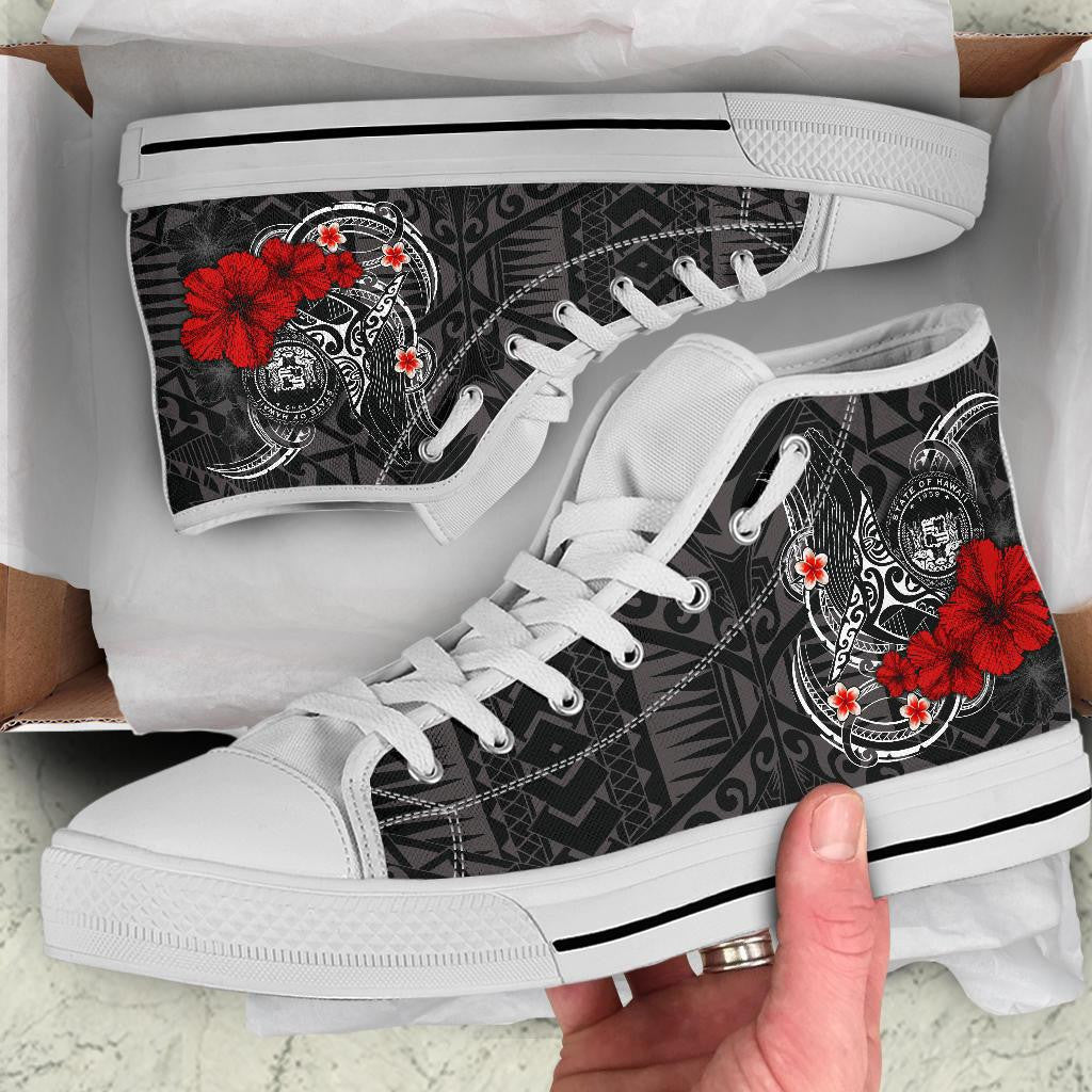 Polynesian Hawaii High Top Shoe Humpback Whale With Hibiscus White