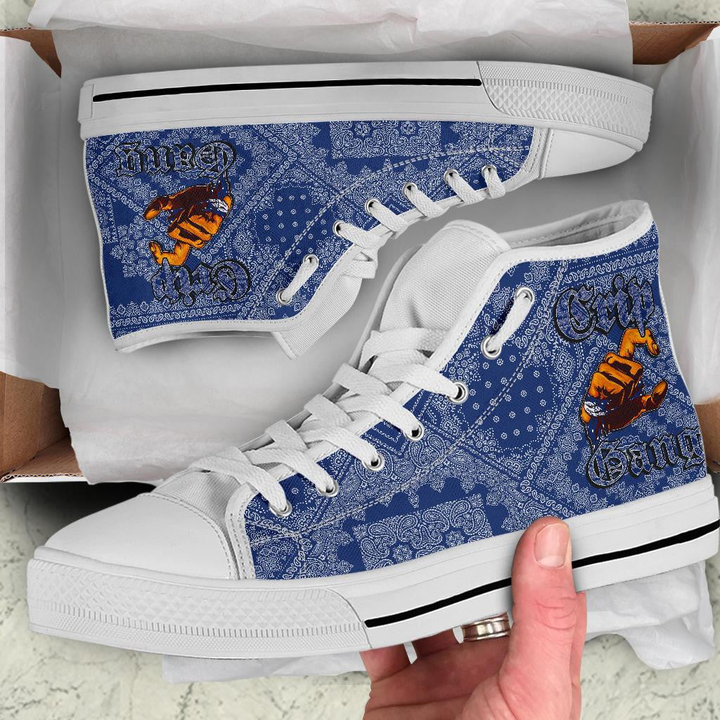 Crips Gang Bulldog High Top Shoe Blue Paisley