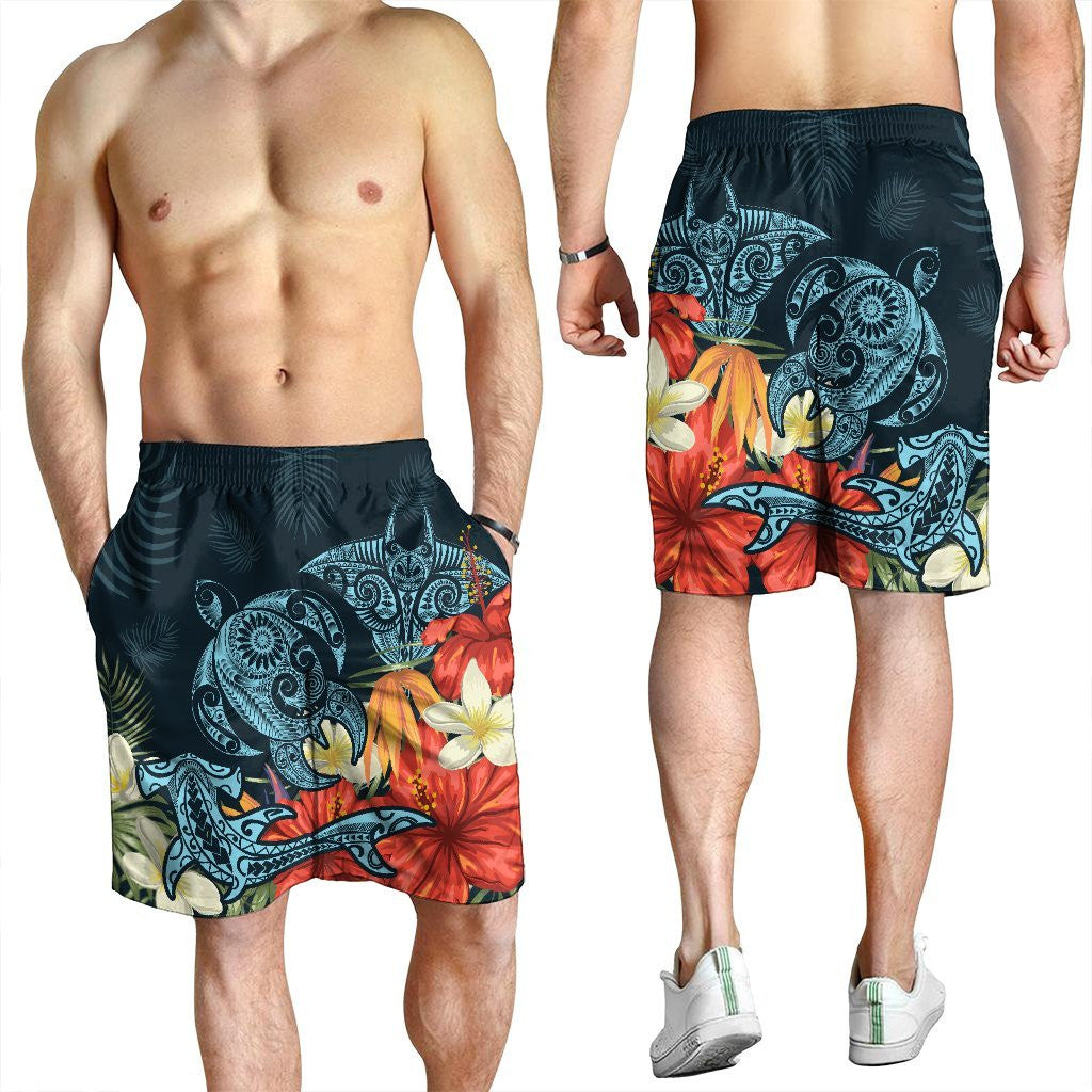 Hawaii Turtle Shark Manta Ray Hibiscus Plumeria Men's Shorts