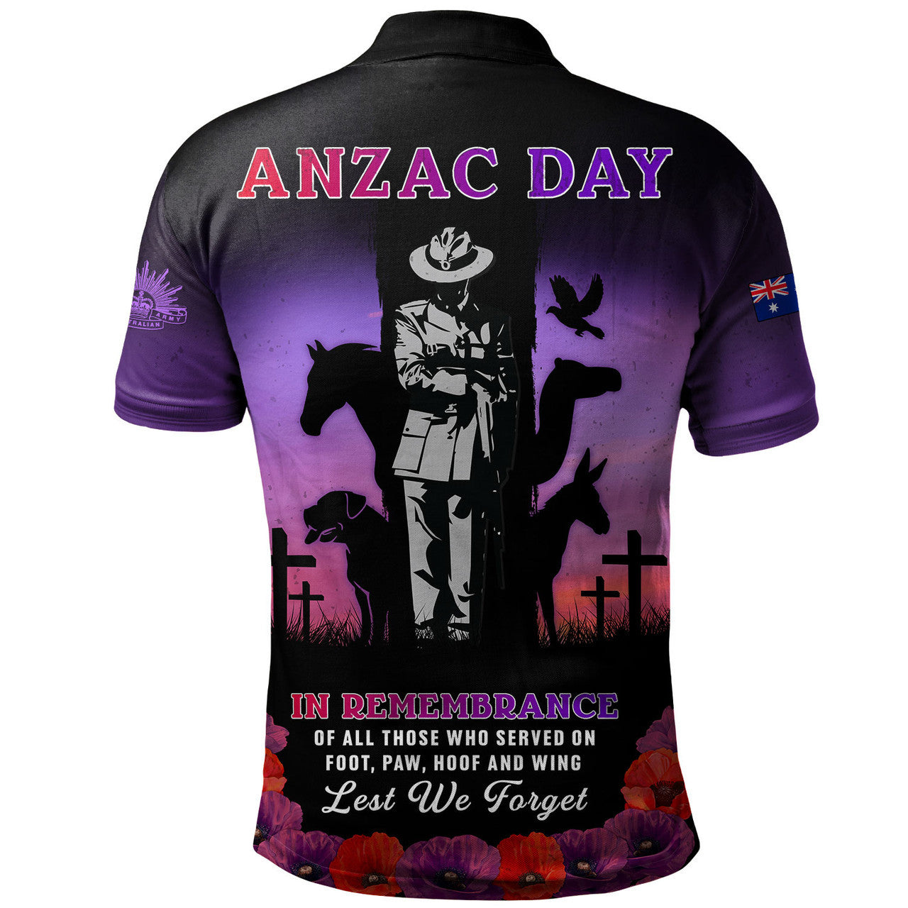 Australia Polo Shirt Anzac Day Lest We Forget War Animals Purple Poppy